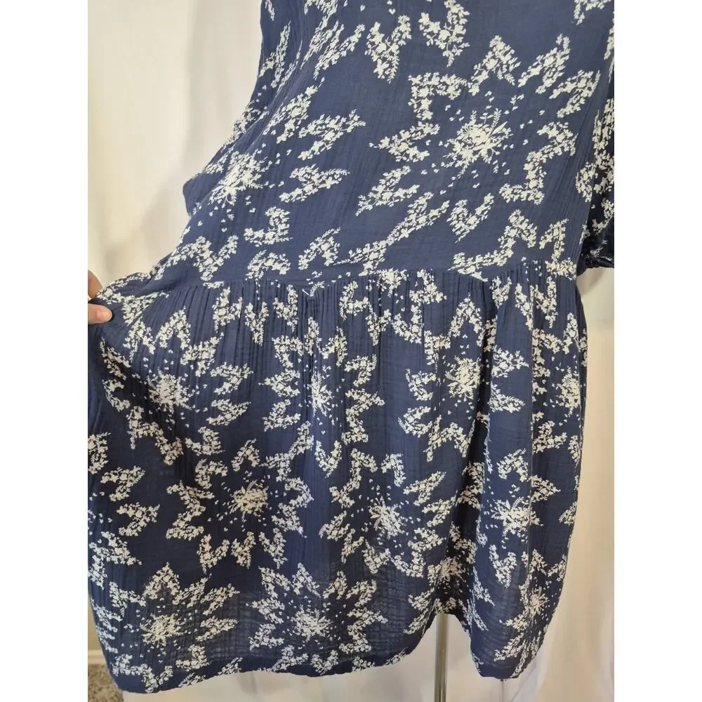Free People Belezza Babydoll Floral Printed Blue Cotton Mini Dress Large